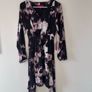 Jennifer Lopez Black and Pink Floral Smocked Waist Dress